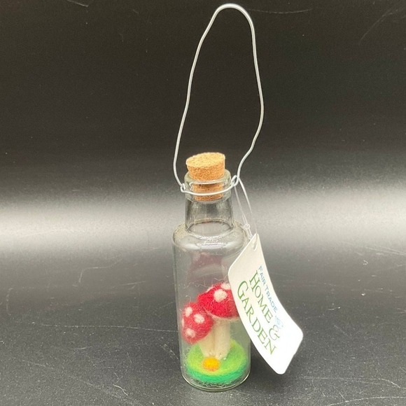 Handmade Felt Mushroom Fairy Bottle Ornament 4" Jar Cork Top Fair Trade Nepal - Picture 1 of 8